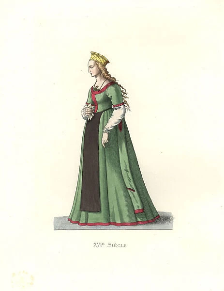 10936563. Young woman of Danzig, 16th century, in long green silk dress, black apron,