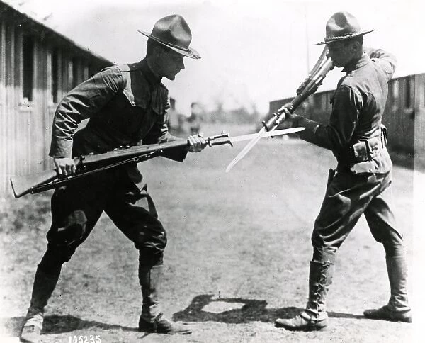 Two American soldiers bayonet training, France, WW1