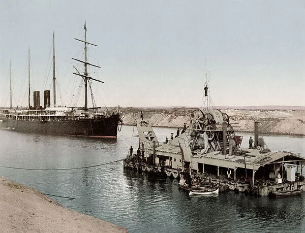 c. 1890s Egypt - dredger and ship on the Suez Canal