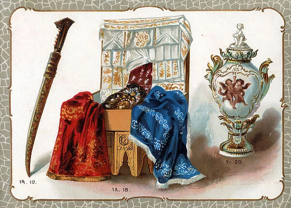 Catalogue illustration, embroidered cloths, sword, vase