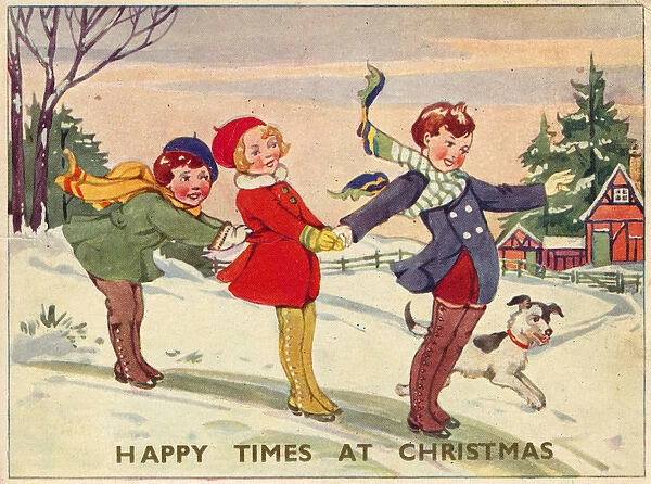Christmas card, Three children sliding with dog