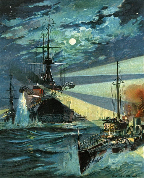 Destroyers attacking a Battleship by night