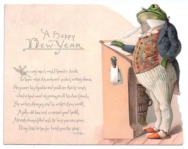 Frog at a writing desk on a New Year card