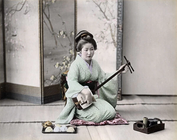 Geisha playing a samisen, Japan, circa 1890