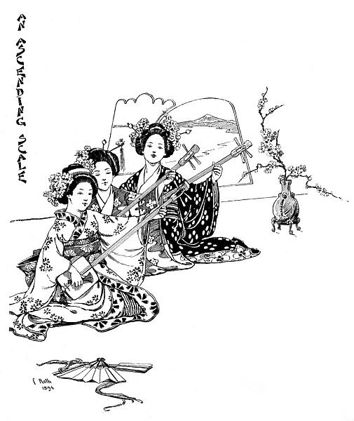 Three girls playing shamisens, a Japanese musical instrument