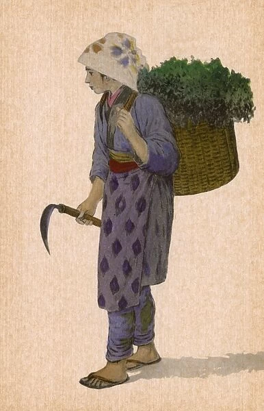 Japan - Japanese woman with sickle and laden basket backpack