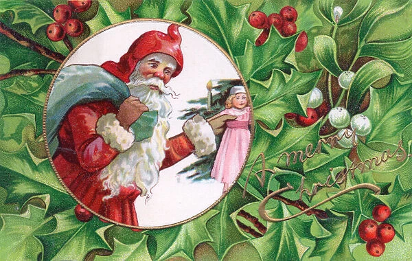 Santa Claus with holly and mistletoe on a Christmas postcard