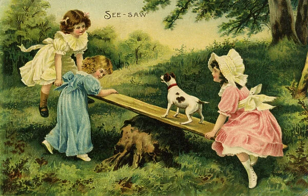 See-Saw. Children in period costume playing see-saw with their puppy dog. Date: 1907