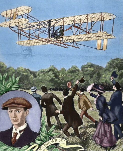 Wilbur Wright (1867-1912). Plane flying. France. Colored en