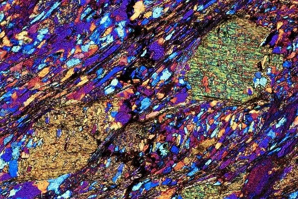Mica schist, thin section, polarised LM