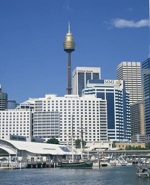 Waterfront and dockside city skyline including the AMP Tower, Sydney, New South Wales