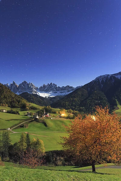 Italy, Trentino Alto Adige, South Tyrol Region, Night view of Val di Funes and Santa