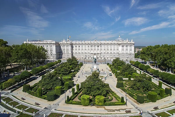 Top view over Plaza de Oriente square with Palacio Real or Royal Palace behind, Madrid
