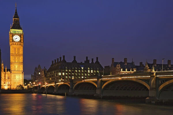 Europe, England, London. Big Ben and Westminster Bridge over River Thames. Credit as