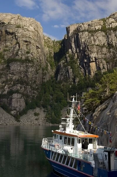 Norway, Stavanger, Lysefjord (aka Lyse Fjord). Sightseeing boat in Helleren area of fjord