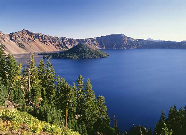 USA, Oregon, Crater Lake National Park. Crater Lake and Wizard Island with distant Hillman Peak