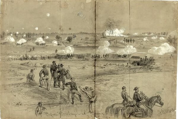 ASSAULT ON PETERSBURG. The explosion of the tunnel dug by the 48th Pennsylvania Regiment under the Confederate lines before Petersburg, Virginia, during the American Civil War, 30 July 1864. Sketch by Alfred R. Waud