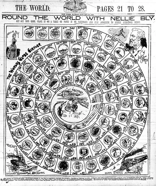 BOARD GAME: NELLIE BLY. Board game about journalist Nellie Blys trip around the world in 1889-90, with squares for each of the 73 days of her journey, with images of Bly, Jules Verne, a steamship and a train. Published in the New York World, 26 January 1890