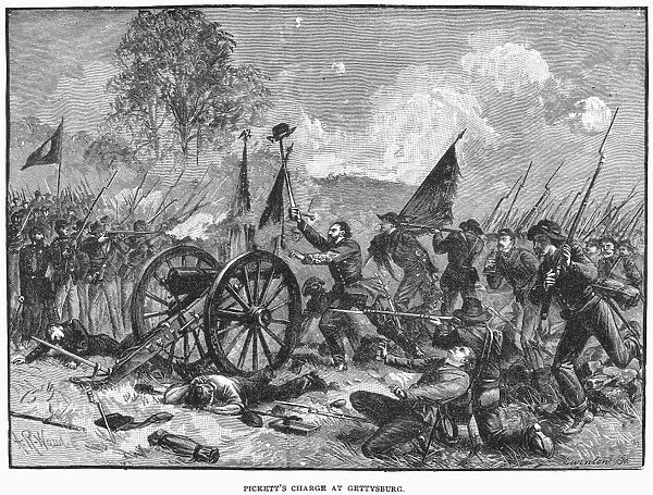 CIVIL WAR: GETTYSBURG. Confederate troops of Major General George E. Picketts command making their famous charge on 3 July 1863 at Gettysburg against Union positions on Cemetery Ridge. Wood engraving after a drawing by A. R. Waud