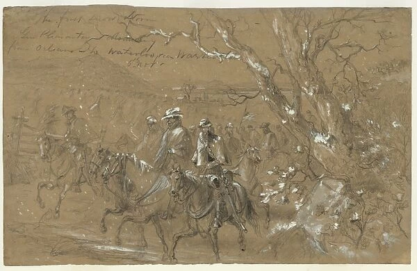CIVIL WAR: WARRENTON, 1862. General Pleasanton and cavalry riding through a snowstorm in Virginia