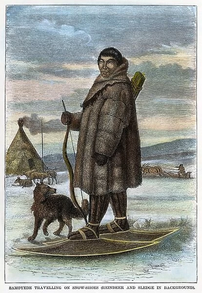 ESKIMO HUNTER AND DOG. An Eskimo going hunting with his dog and bow and arrows
