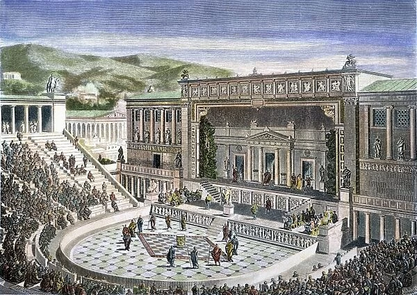 GREEK THEATRE. A reconstruction of the Theatre of Dionysus in Athens. To the left, above the spectators seats, part of the enclosing colonnade; in the foreground, the orchestra with the thymele (altar of Dionysus), then the proscenium, and beyond it the stage with its buildings. Color engraving, late 19th century
