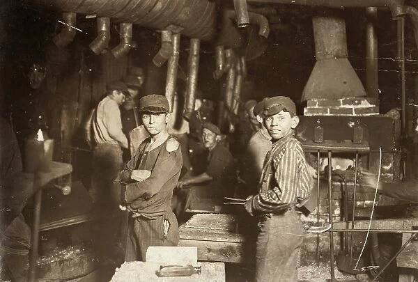 HINE: CHILD LABOR, 1908. Boy workers at a glass factory in Indiana. Photographed by Lewis Hine