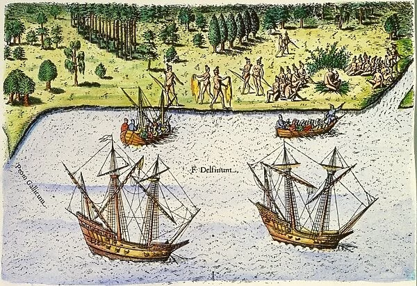 JEAN RIBAULT: FLORIDA, 1562. The French, under the command of Jean Ribault, arriving in Florida in 1562. Colored engraving, 1591, by Theodor de Bry after Jacques Le Moyne de Morgues