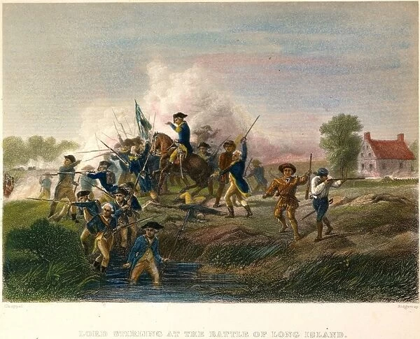 Lord Stirling at the Battle of Long Island, 27 August 1776: colored engraving, 19th century