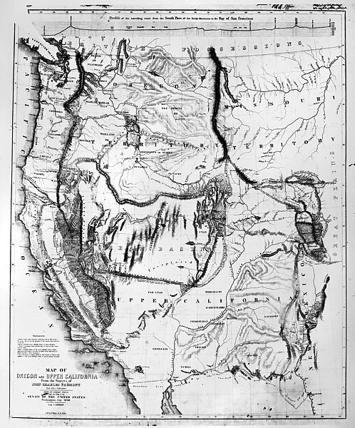 MAP: WESTERN U. S. 1848. Map of the western United States, 1848, by Charles Preuss, surveyor on John C. Fremonts expeditions to the Rocky Mountains and the Oregon Trail from 1842 to 1844