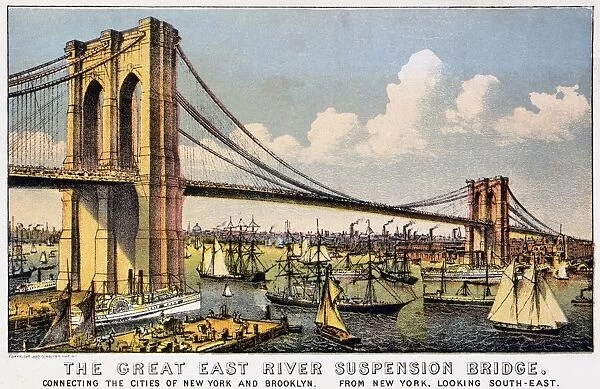NEW YORK: BROOKLYN BRIDGE. The Great East River Suspension Bridge. View of the Brooklyn Bridge connecting Manhattan and Brooklyn. Lithograph by Currier & Ives, 1883