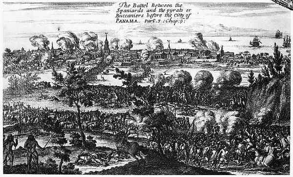 PANAMA CITY RAID, 1671. The Battle Between the Spaniards and the pyrats or Buccaniers before the City of Panama. The taking of Panama City in January 1671 by Henry Morgan and his buccaneers. Copper engraving