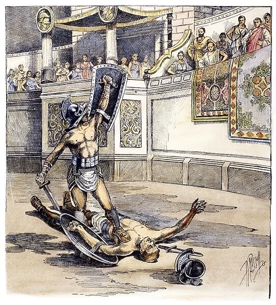 ROMAN GLADIATORS. The conclusion of a duel between gladiators in the arena in ancient Rome. Line engraving, American, 1892