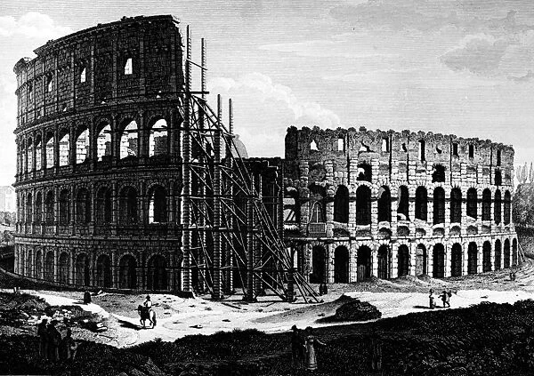 ROME: COLOSSEUM, c1864. Scaffolding on the Colosseum in Rome, Italy. Line engraving, c1864