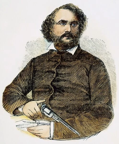 SAMUEL COLT (1814-1862). American inventor; with a gun: wood engraving, 1856