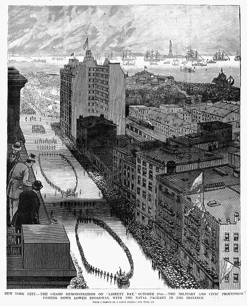 STATUE OF LIBERTY, 1886. Grand parade on Broadway on the dedication day of the Statue of Liberty, 28 October 1886. Front page of Frank Leslies Illustrated Newspaper, 6 November 1886