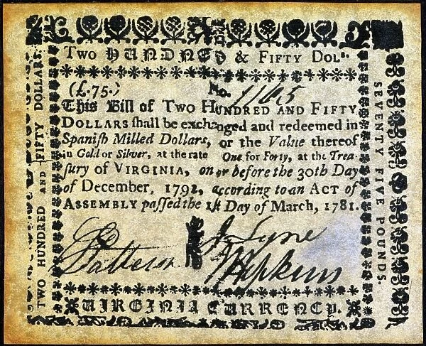 Virginia two hundred and fifty dollar banknote, 1781. The rate of One for Forty indicates the high inflation resulting from the American Revolutionary War