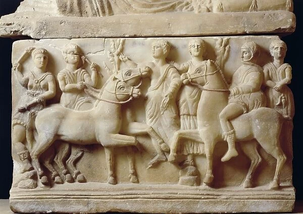 Etruscan civilization, alabaster urn, detail of relief depicting man leaving for afterlife