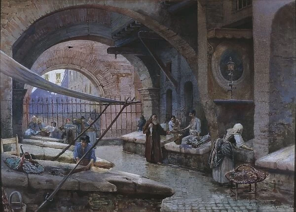 Italy, Rome, fishmongers in Porticus Octaviae, by Ettore Roesler Franz, Watercolor
