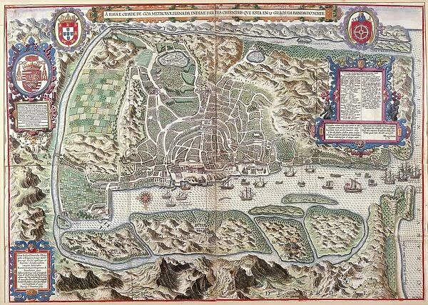 Map of Island and city of Goa, capital of Portuguese East Indies, by J, Hugonius Linschoten, engraving, 1595