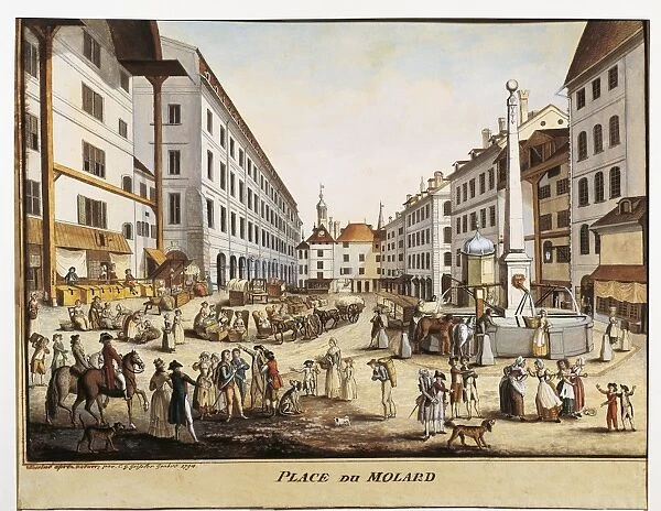 Switzerland, Geneva, View of Place du Molard in Geneva, watercolor, 1794