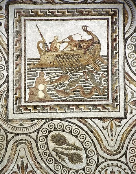Tunisia, Thuburbo Majus, Mosaic work depicting a fishing scene