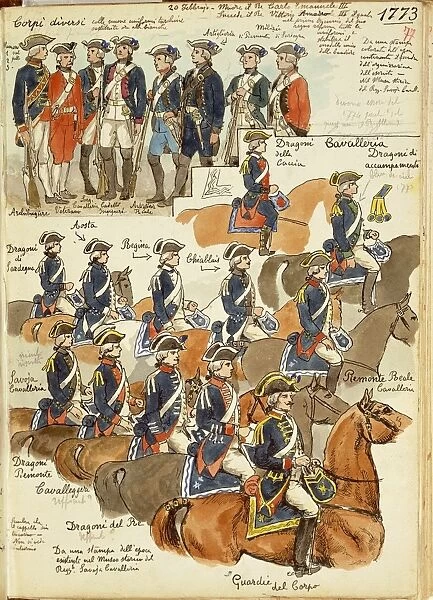 Uniforms of the Sardinian army during the reign of Vittorio Amedeo III, Color plate by Quinto Cenni, 1773