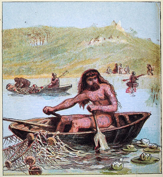 Ancient Briton fisherman fishing from a coracle boat, tattoo, net, Ancient British History