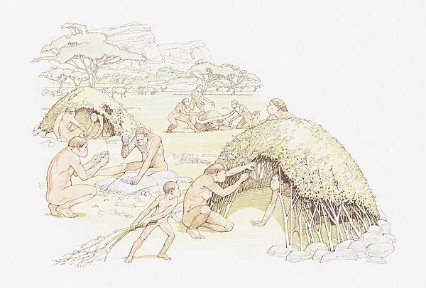 Illustration of Homo habilis settlement at Olduvai Gorge, Tanzania
