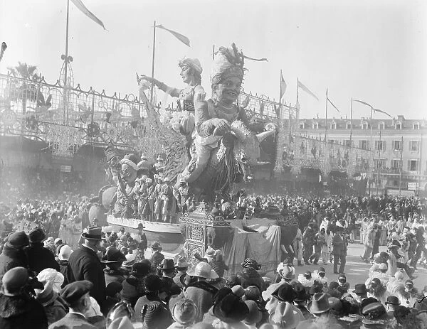 King Carnival at Nice. Huge figures on one of the cars. 26 February 1924
