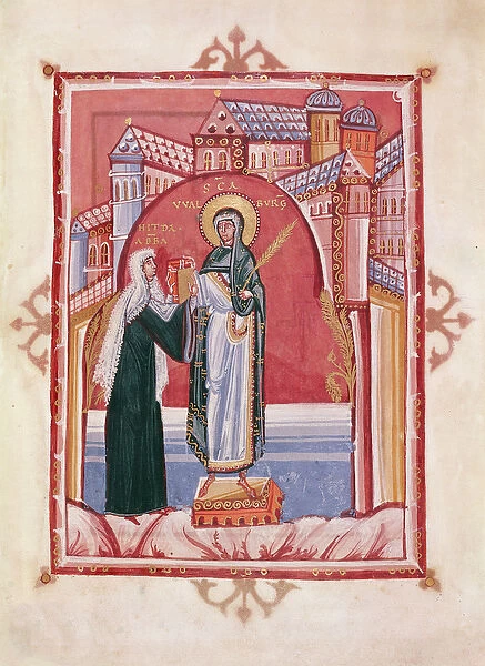 The Abbess Hilda offering the gospel to St. Walburga (vellum)