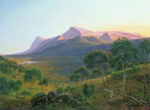 Aborigines by a Fire before Mount William as seen from Mount Dryden in the Grampians