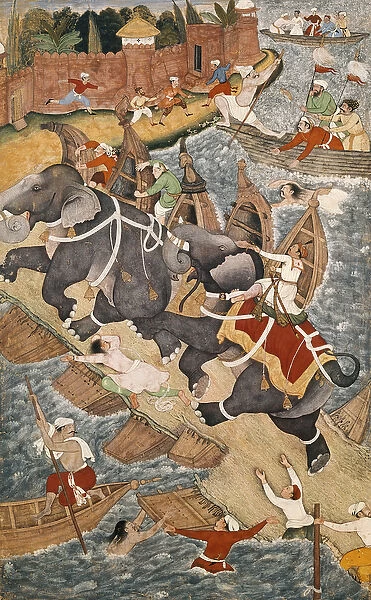 Akbar Tames the Savage Elephant, Hawa i, Outside the Red Fort at Agra, miniature