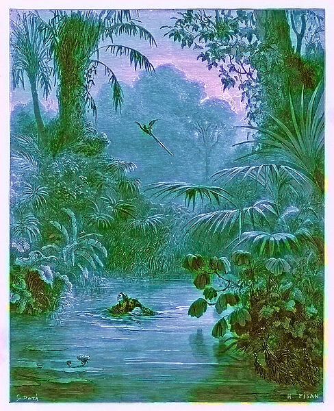 Atala and Chactas Crossing a River, illustration from The Dore Gallery, engraved by Heliodore Joseph Pisan (1822-90), published c. 1890 (digitally enhanced image)